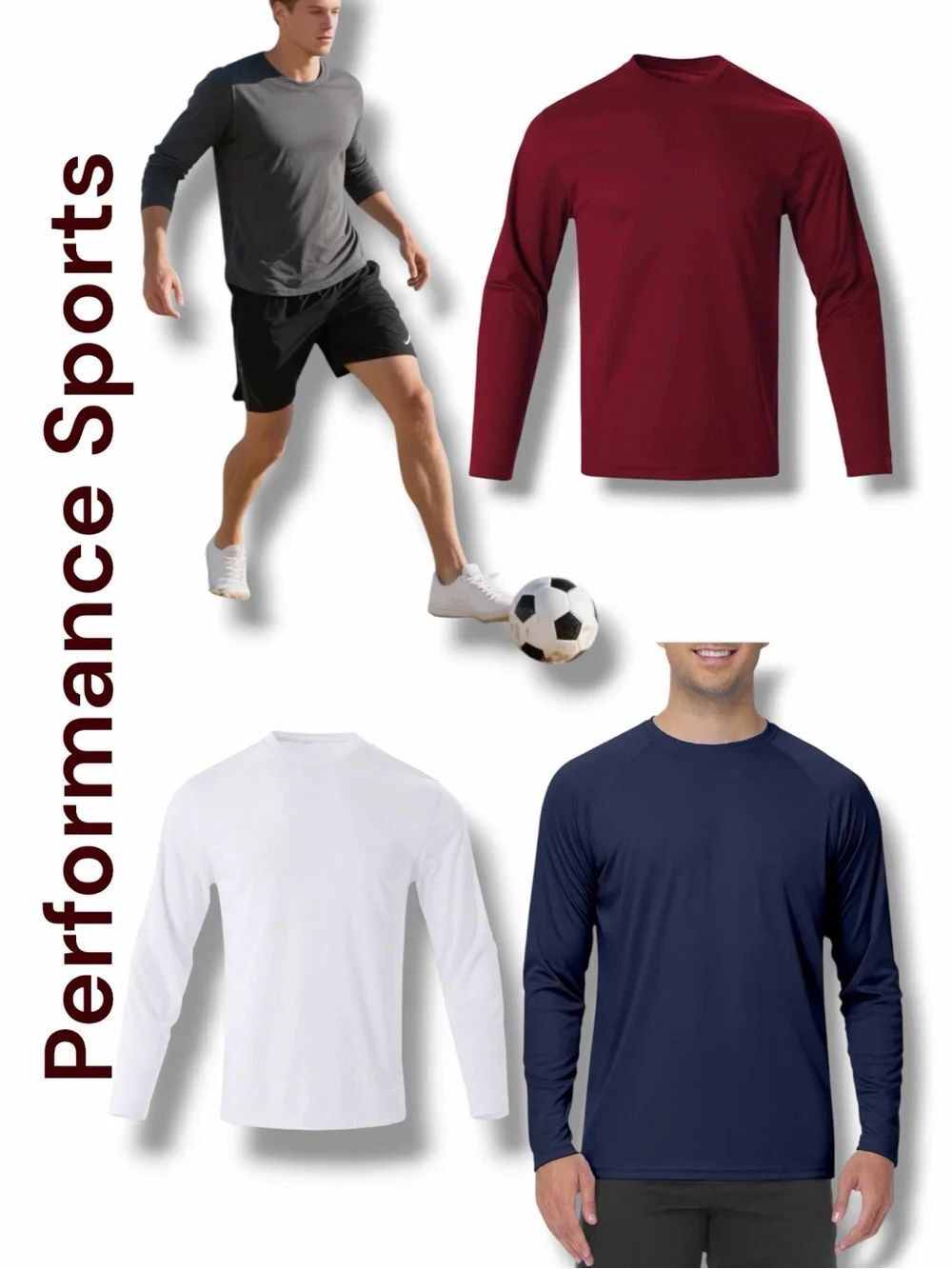 Performance Sports Men's Long-Sleeve Shirts-Navy, White, Gray, Burgundy in XXXL